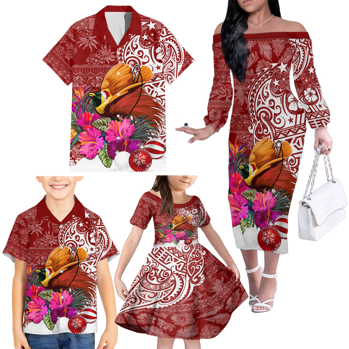 Papua New Guinea Christmas Family Matching Off Shoulder Long Sleeve Dress and Hawaiian Shirt Bird-of-Paradise Special LT7 - Polynesian Pride