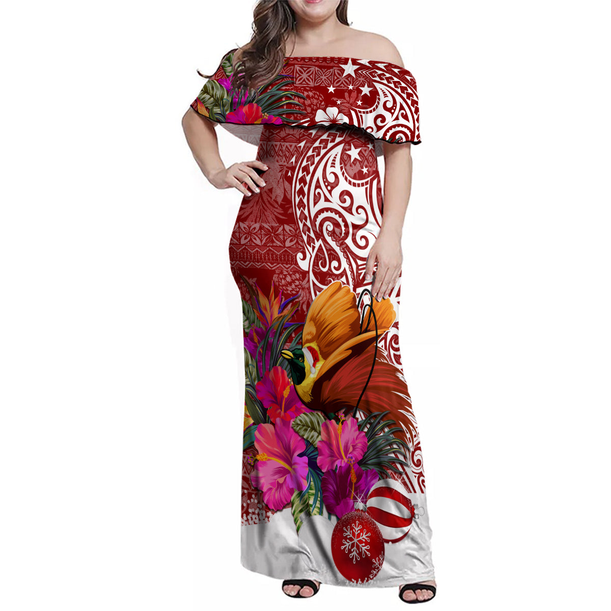 Papua New Guinea Christmas Family Matching Off Shoulder Maxi Dress and Hawaiian Shirt Bird-of-Paradise Special LT7 Mom's Dress Red - Polynesian Pride