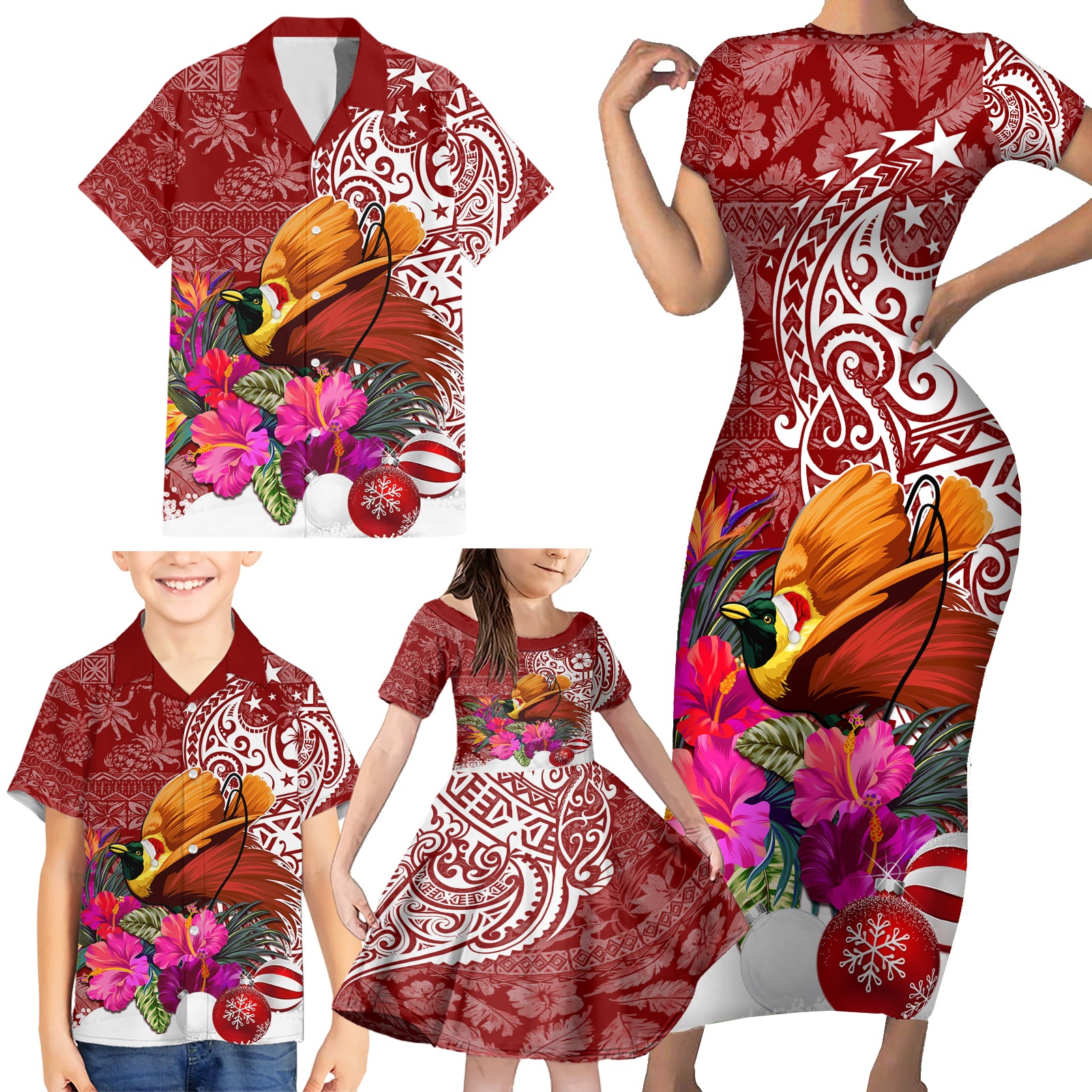 Papua New Guinea Christmas Family Matching Short Sleeve Bodycon Dress and Hawaiian Shirt Bird-of-Paradise Special LT7 - Polynesian Pride