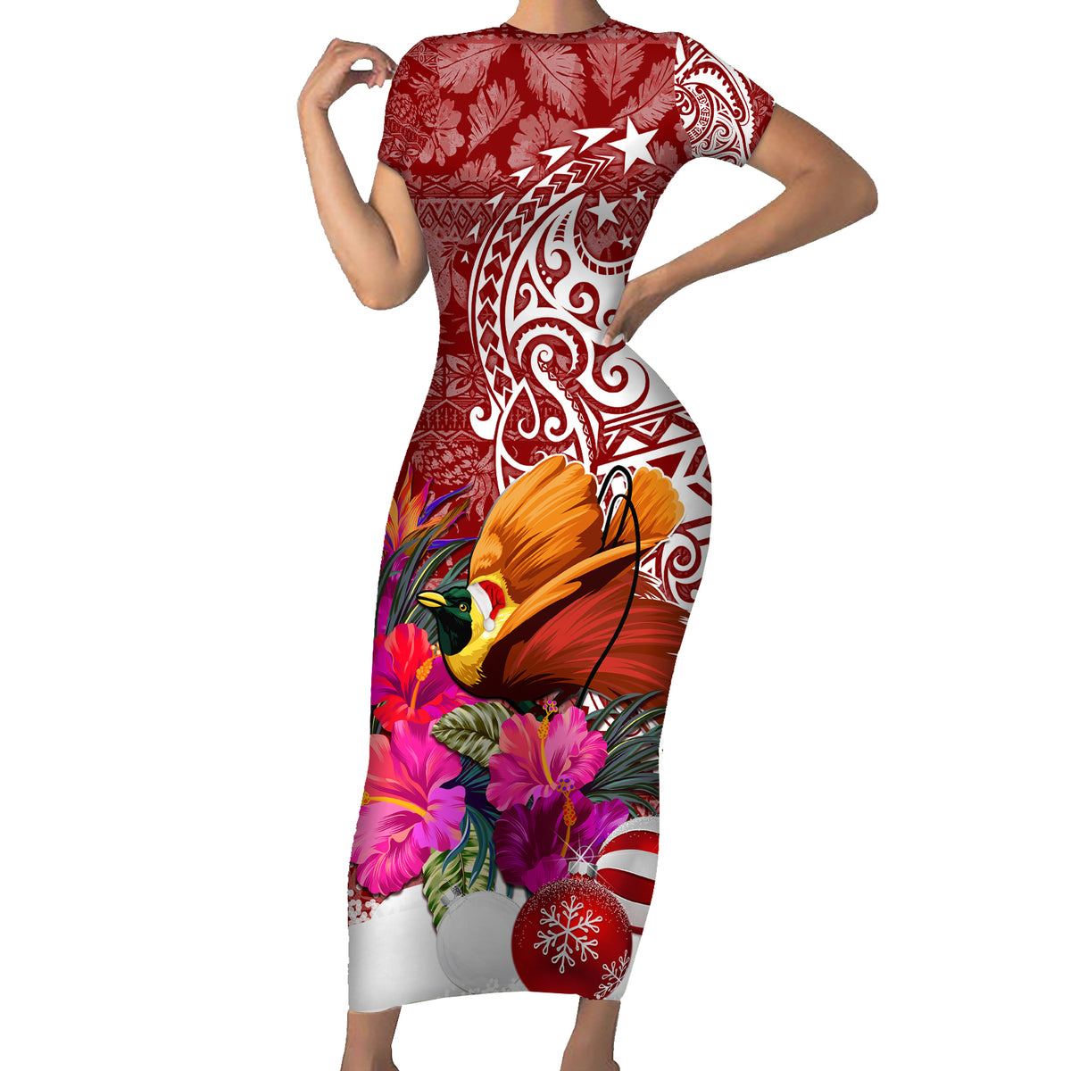 Papua New Guinea Christmas Short Sleeve Bodycon Dress Bird-of-Paradise Special LT7 Long Dress Red - Polynesian Pride