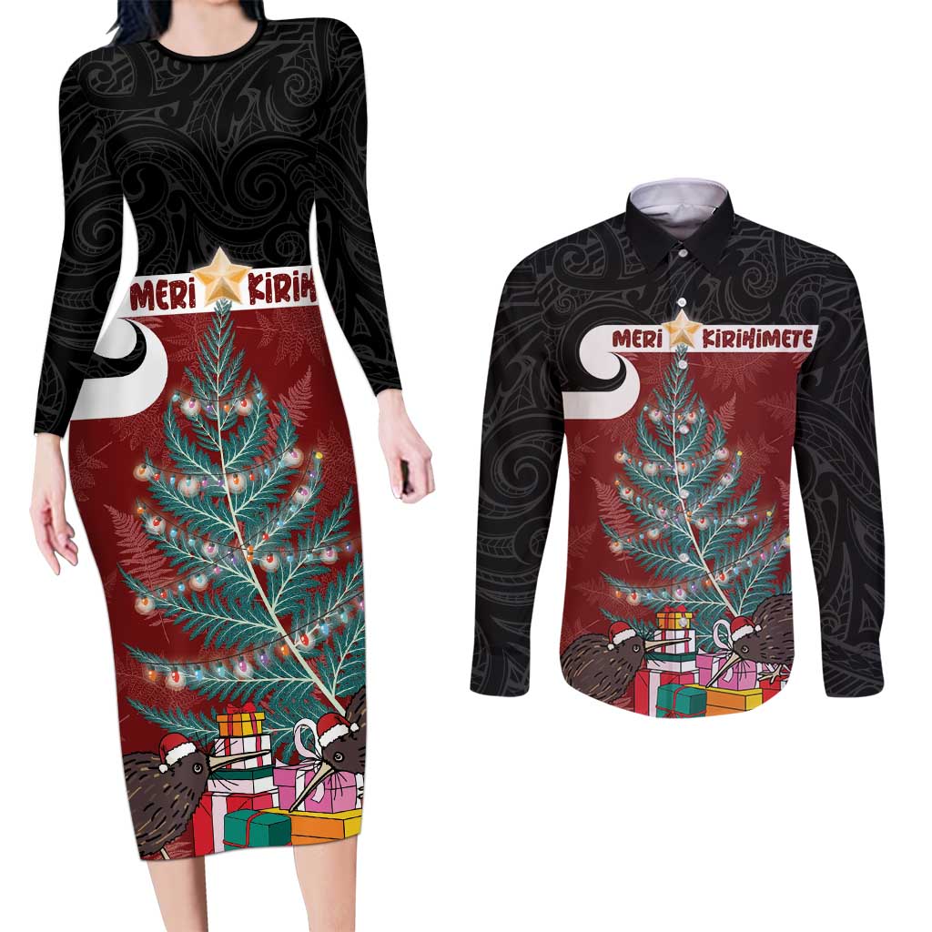 Personalised New Zealand Maori Christmas Couples Matching Long Sleeve Bodycon Dress and Long Sleeve Button Shirt Xmas Fern Mix Kowhawhai