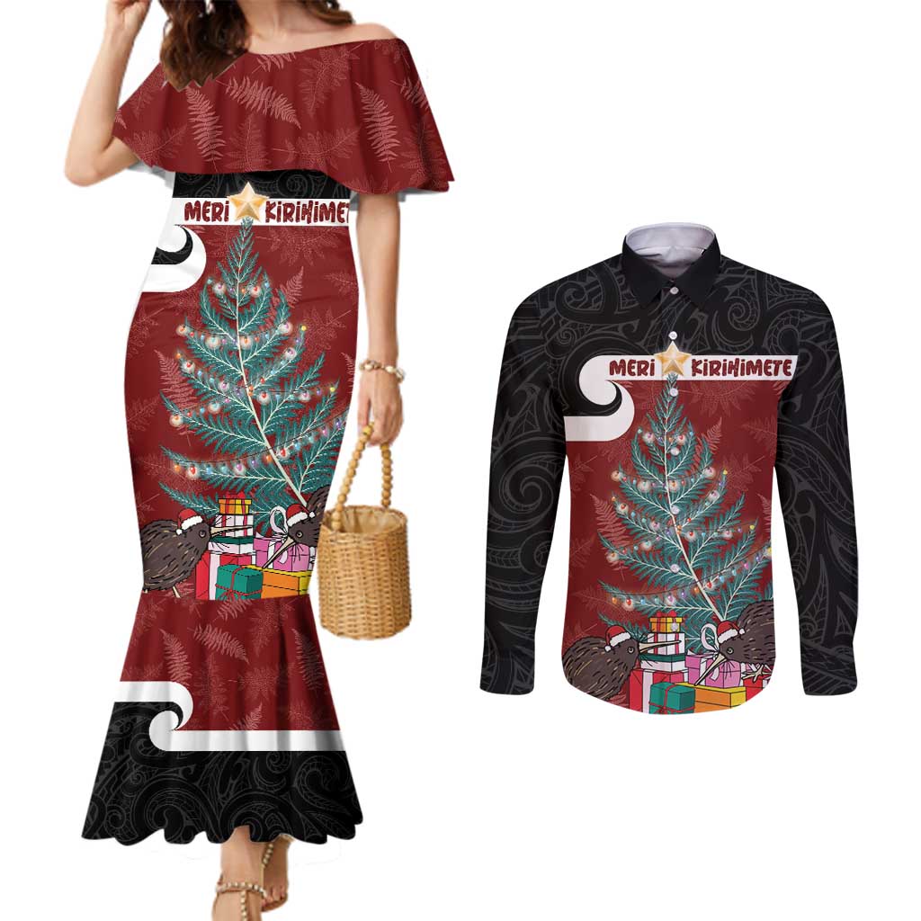 Personalised New Zealand Maori Christmas Couples Matching Mermaid Dress and Long Sleeve Button Shirt Xmas Fern Mix Kowhawhai LT7 Black - Polynesian Pride