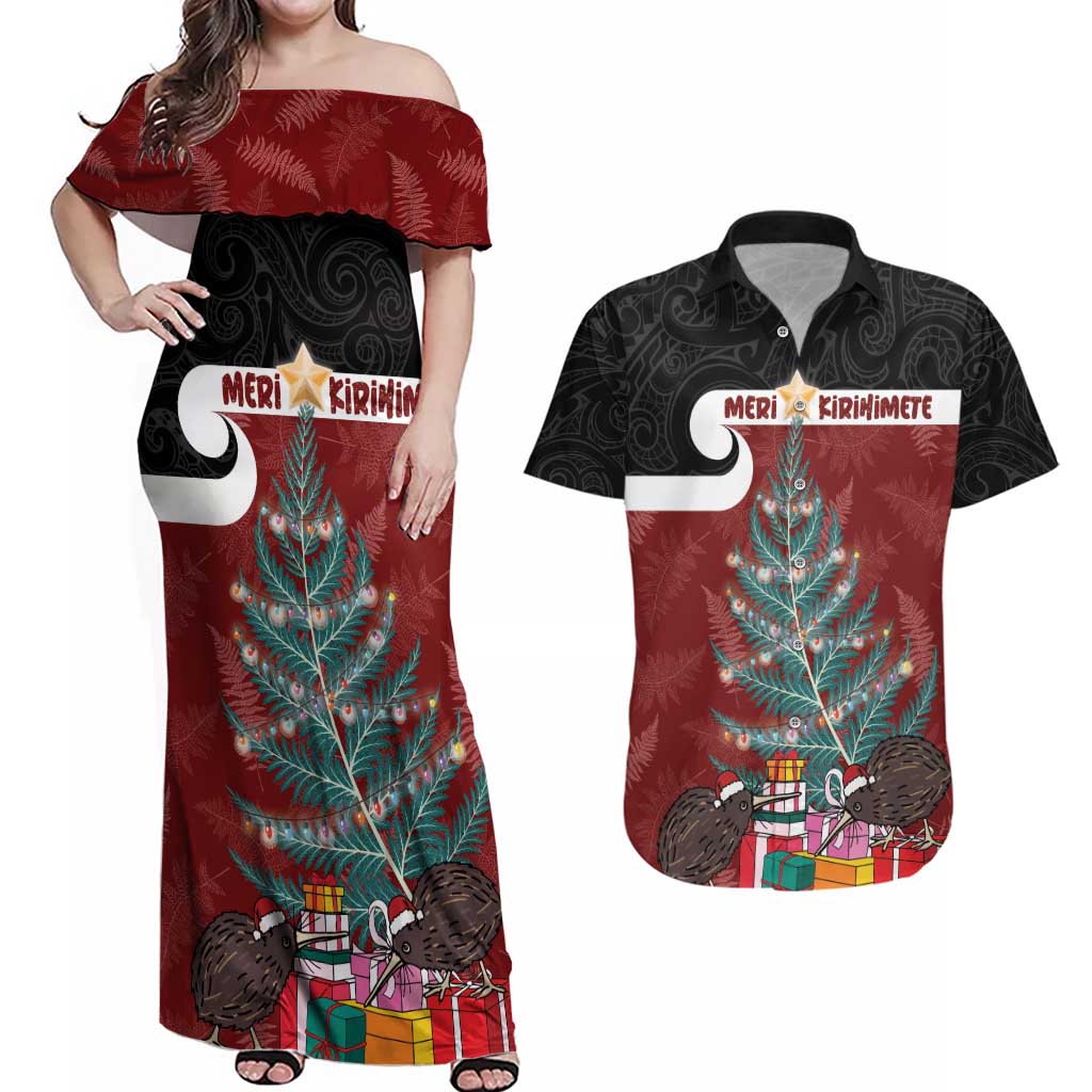 Personalised New Zealand Maori Christmas Couples Matching Off Shoulder Maxi Dress and Hawaiian Shirt Xmas Fern Mix Kowhawhai