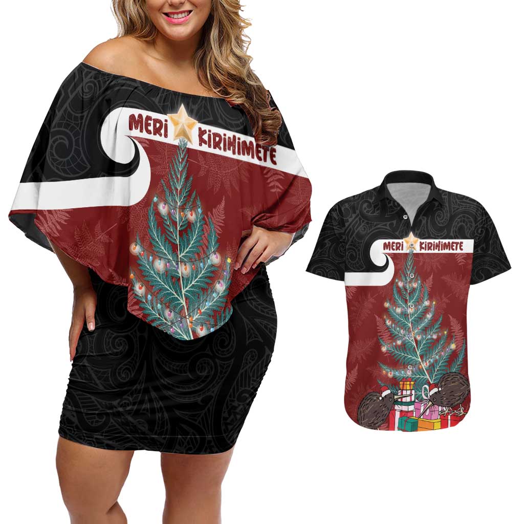 Personalised New Zealand Maori Christmas Couples Matching Off Shoulder Short Dress and Hawaiian Shirt Xmas Fern Mix Kowhawhai