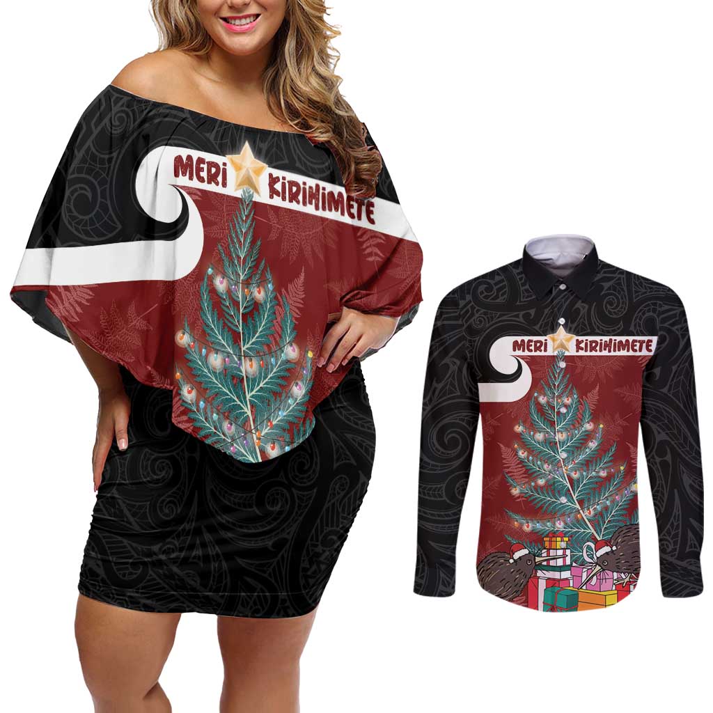 Personalised New Zealand Maori Christmas Couples Matching Off Shoulder Short Dress and Long Sleeve Button Shirt Xmas Fern Mix Kowhawhai