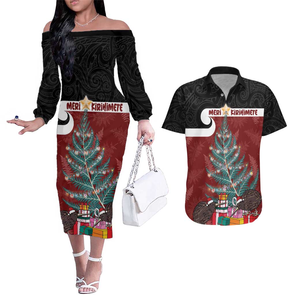 Personalised New Zealand Maori Christmas Couples Matching Off The Shoulder Long Sleeve Dress and Hawaiian Shirt Xmas Fern Mix Kowhawhai