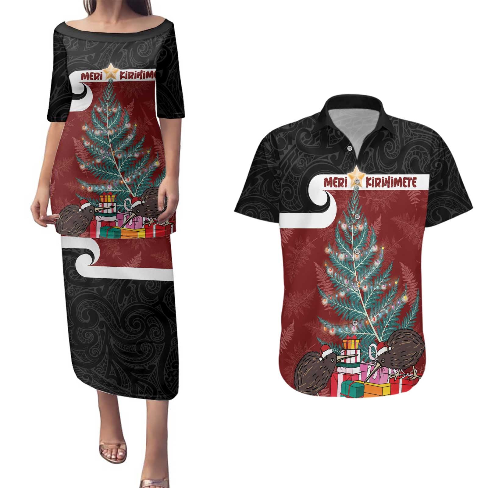 Personalised New Zealand Maori Christmas Couples Matching Puletasi and Hawaiian Shirt Xmas Fern Mix Kowhawhai