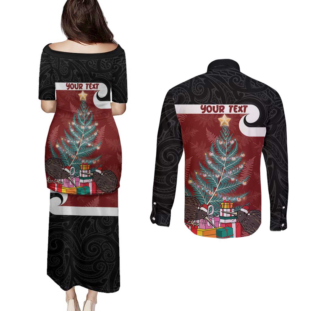 Personalised New Zealand Maori Christmas Couples Matching Puletasi and Long Sleeve Button Shirt Xmas Fern Mix Kowhawhai