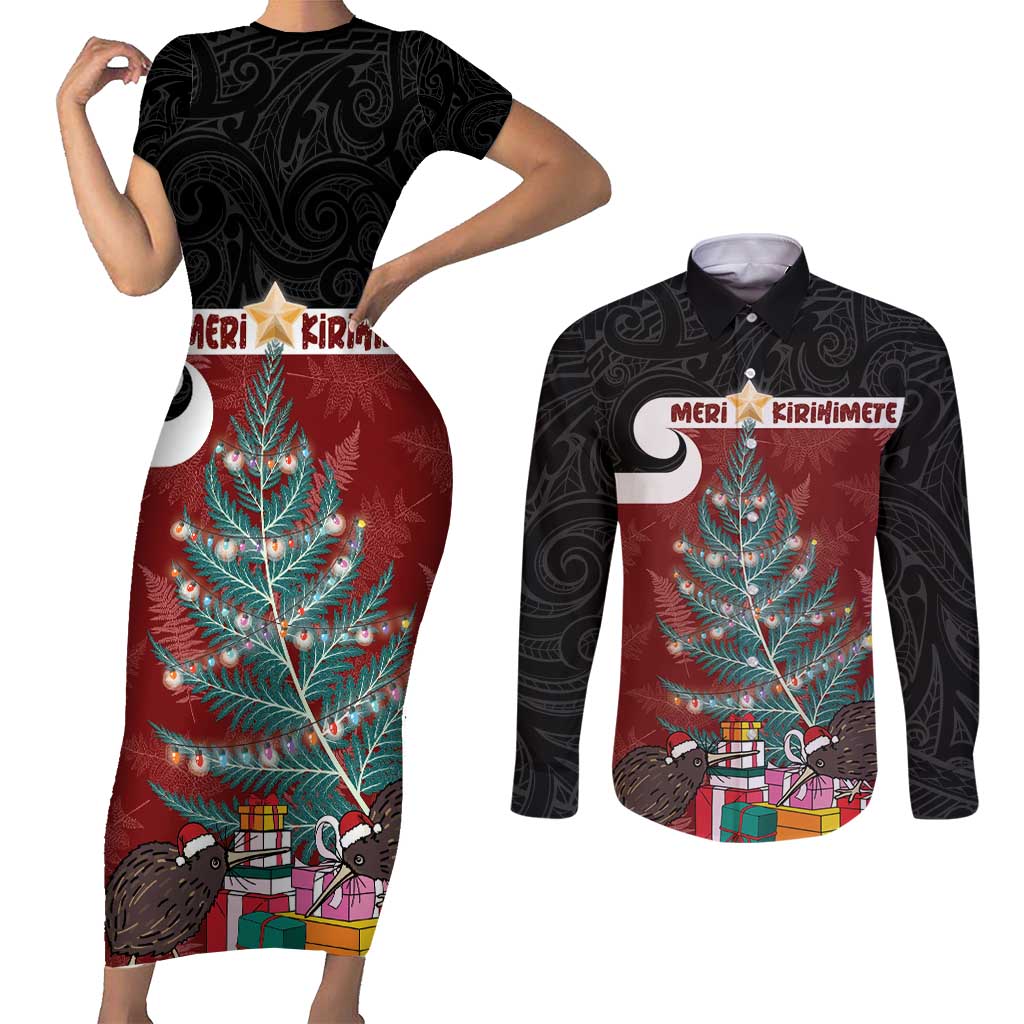 Personalised New Zealand Maori Christmas Couples Matching Short Sleeve Bodycon Dress and Long Sleeve Button Shirt Xmas Fern Mix Kowhawhai