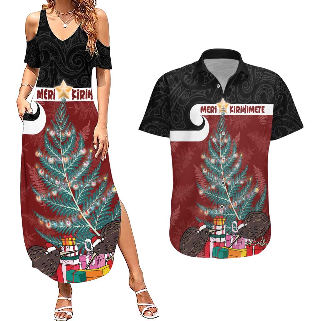 Personalised New Zealand Maori Christmas Couples Matching Summer Maxi Dress and Hawaiian Shirt Xmas Fern Mix Kowhawhai