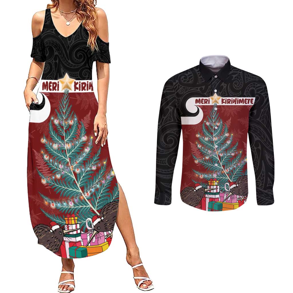 Personalised New Zealand Maori Christmas Couples Matching Summer Maxi Dress and Long Sleeve Button Shirt Xmas Fern Mix Kowhawhai LT7 Black - Polynesian Pride