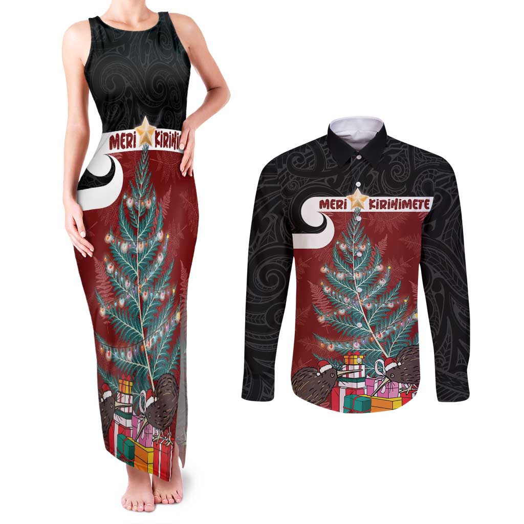 Personalised New Zealand Maori Christmas Couples Matching Tank Maxi Dress and Long Sleeve Button Shirt Xmas Fern Mix Kowhawhai LT7 Black - Polynesian Pride