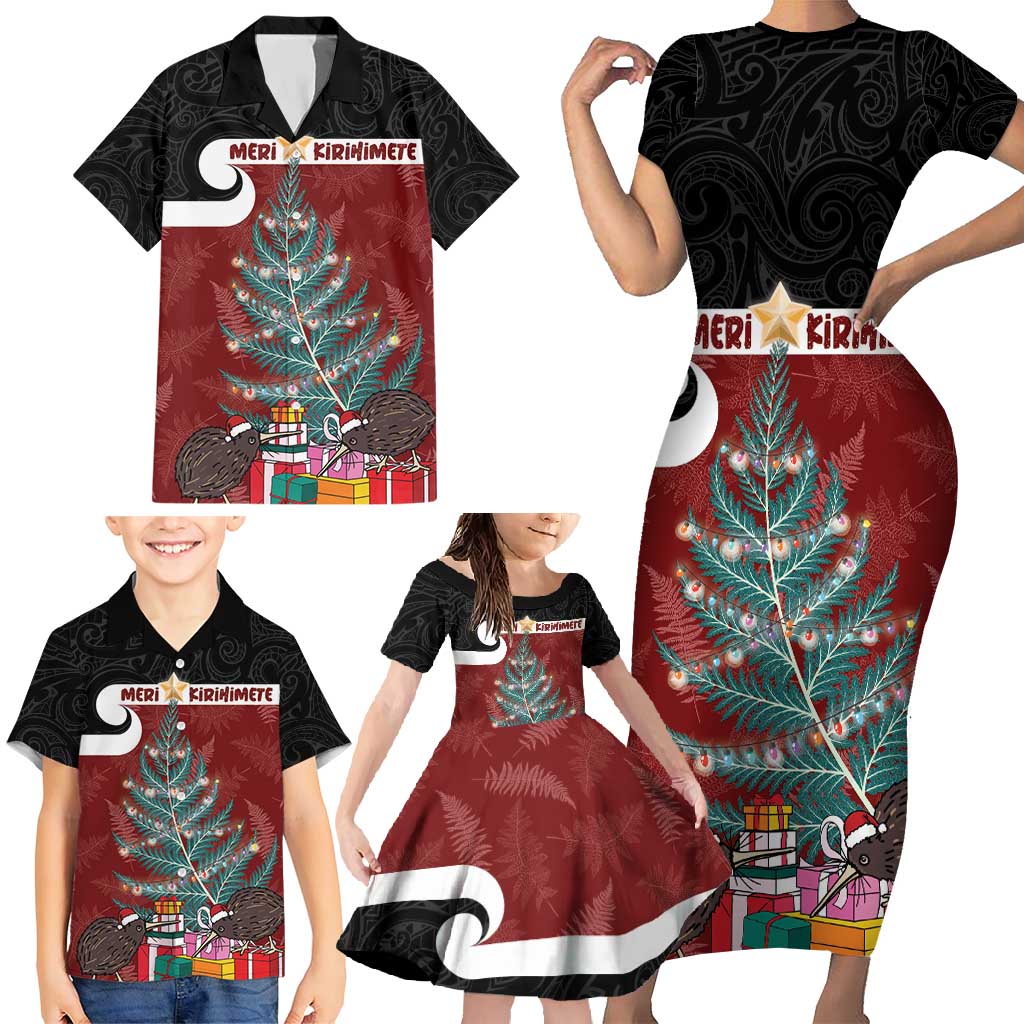 Personalised New Zealand Maori Christmas Family Matching Short Sleeve Bodycon Dress and Hawaiian Shirt Xmas Fern Mix Kowhawhai