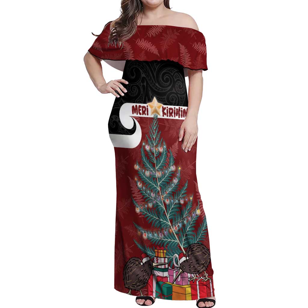 Personalised New Zealand Maori Christmas Off Shoulder Maxi Dress Xmas Fern Mix Kowhawhai