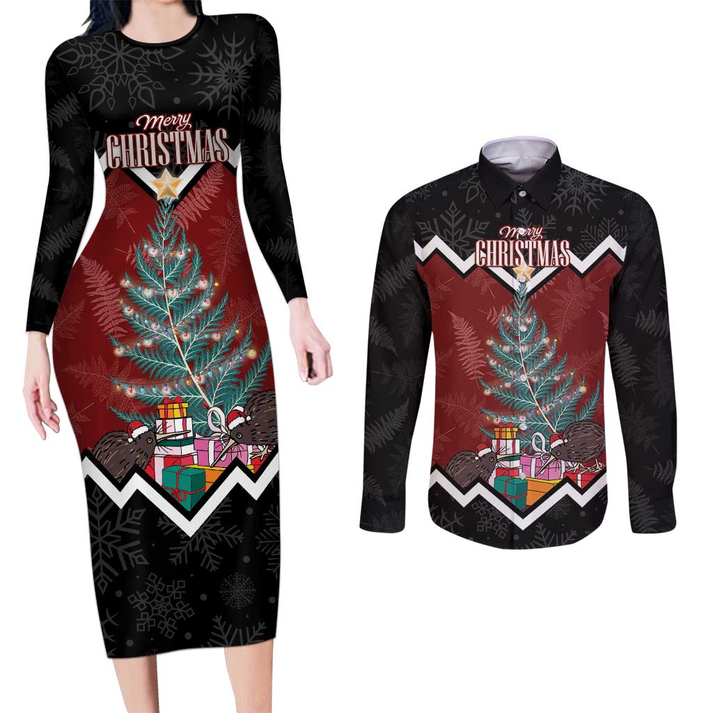 Personalised New Zealand Christmas Couples Matching Long Sleeve Bodycon Dress and Long Sleeve Button Shirt Xmas Fern and Kiwi Birds