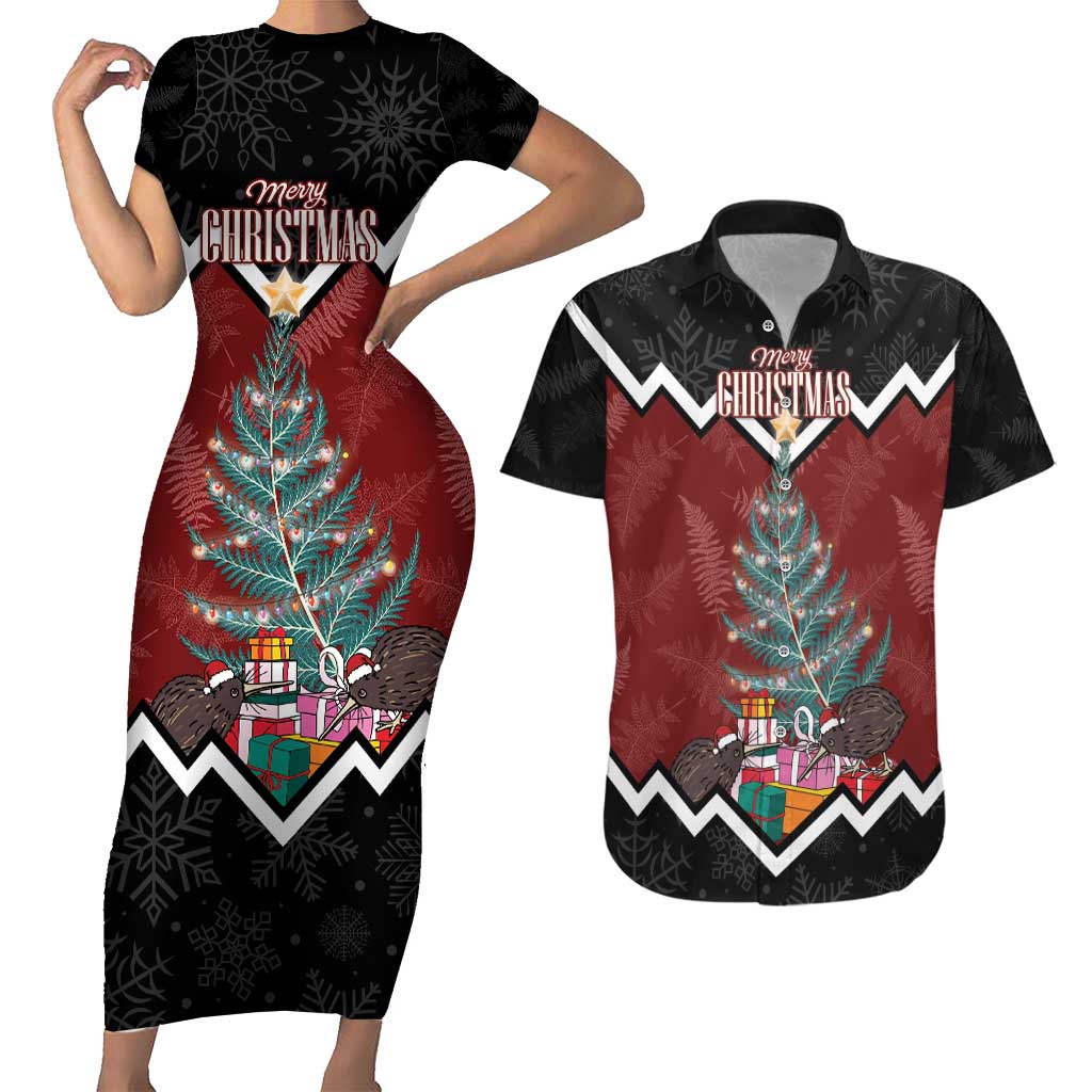 Personalised New Zealand Christmas Couples Matching Short Sleeve Bodycon Dress and Hawaiian Shirt Xmas Fern and Kiwi Birds