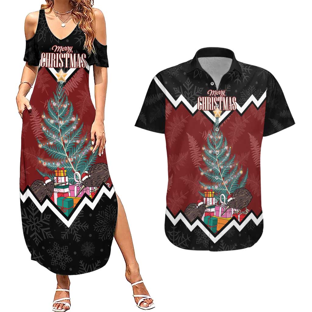 Personalised New Zealand Christmas Couples Matching Summer Maxi Dress and Hawaiian Shirt Xmas Fern and Kiwi Birds