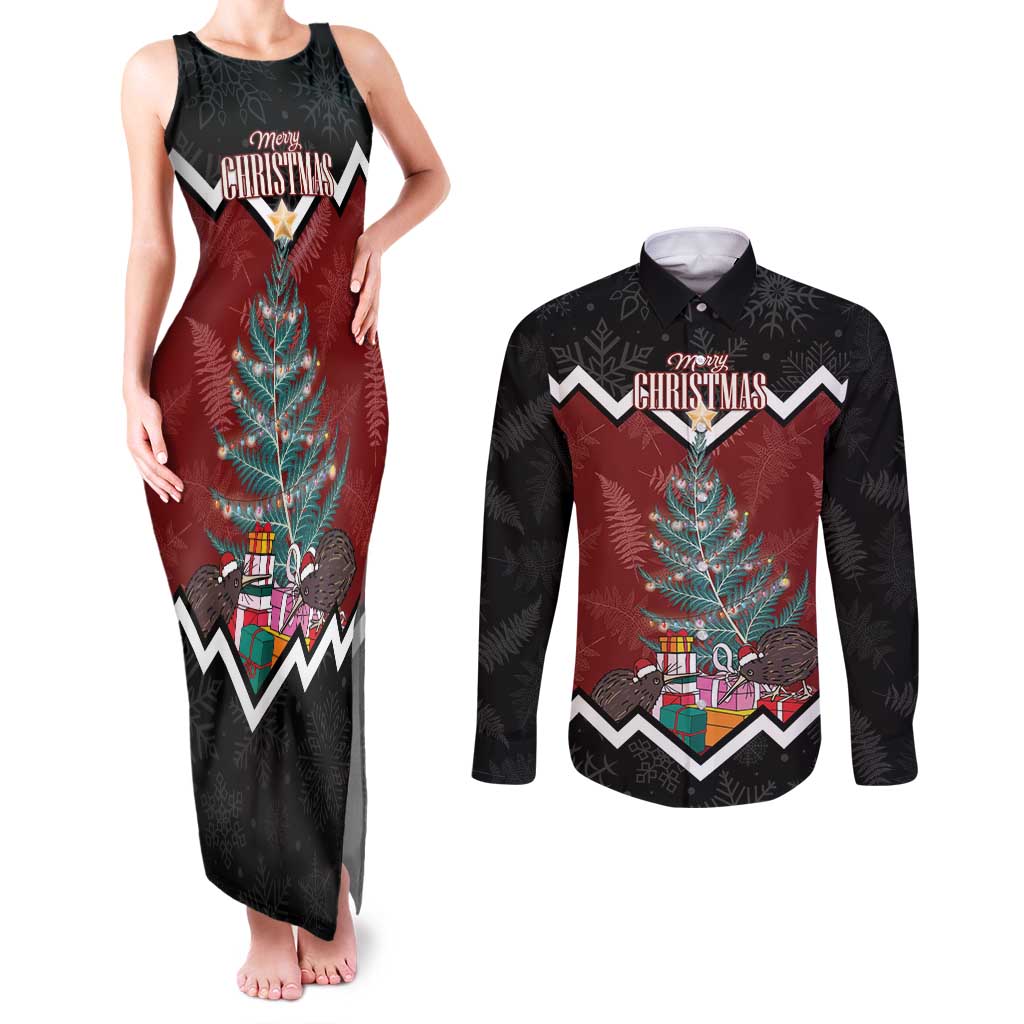 Personalised New Zealand Christmas Couples Matching Tank Maxi Dress and Long Sleeve Button Shirt Xmas Fern and Kiwi Birds