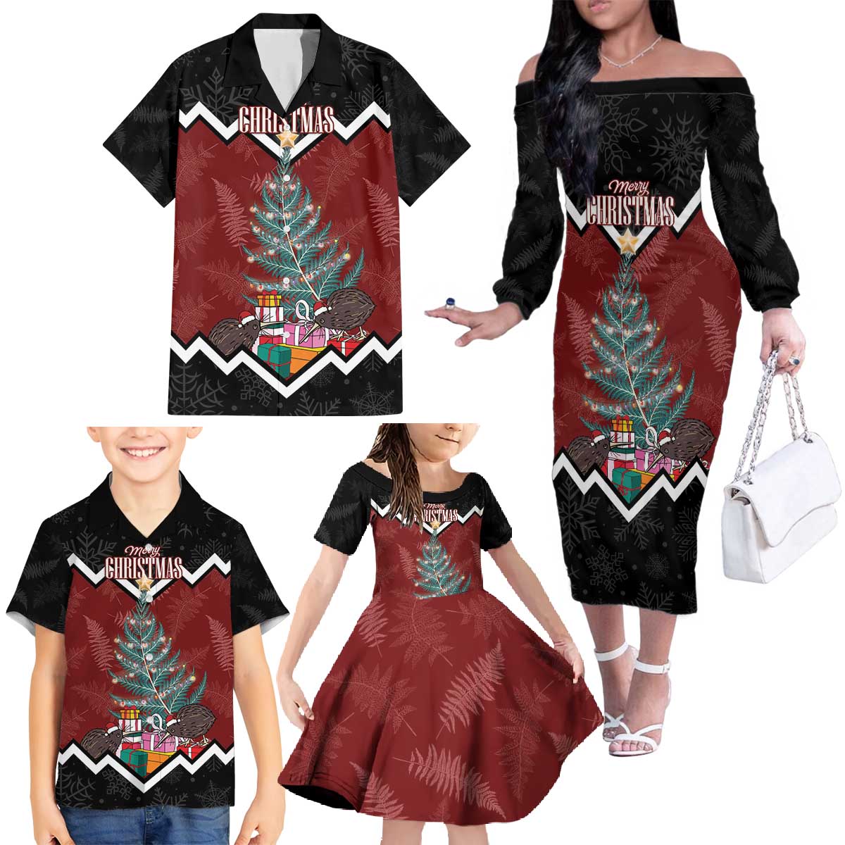 Personalised New Zealand Christmas Family Matching Off The Shoulder Long Sleeve Dress and Hawaiian Shirt Xmas Fern and Kiwi Birds