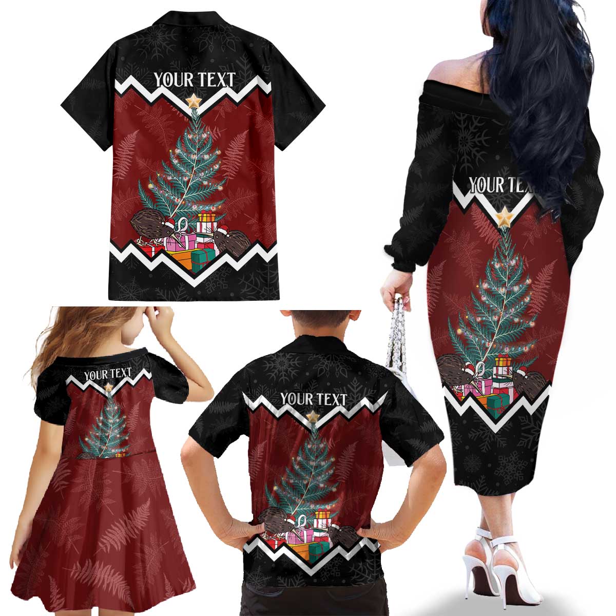Personalised New Zealand Christmas Family Matching Off The Shoulder Long Sleeve Dress and Hawaiian Shirt Xmas Fern and Kiwi Birds