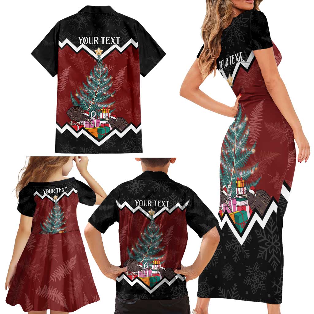 Personalised New Zealand Christmas Family Matching Short Sleeve Bodycon Dress and Hawaiian Shirt Xmas Fern and Kiwi Birds