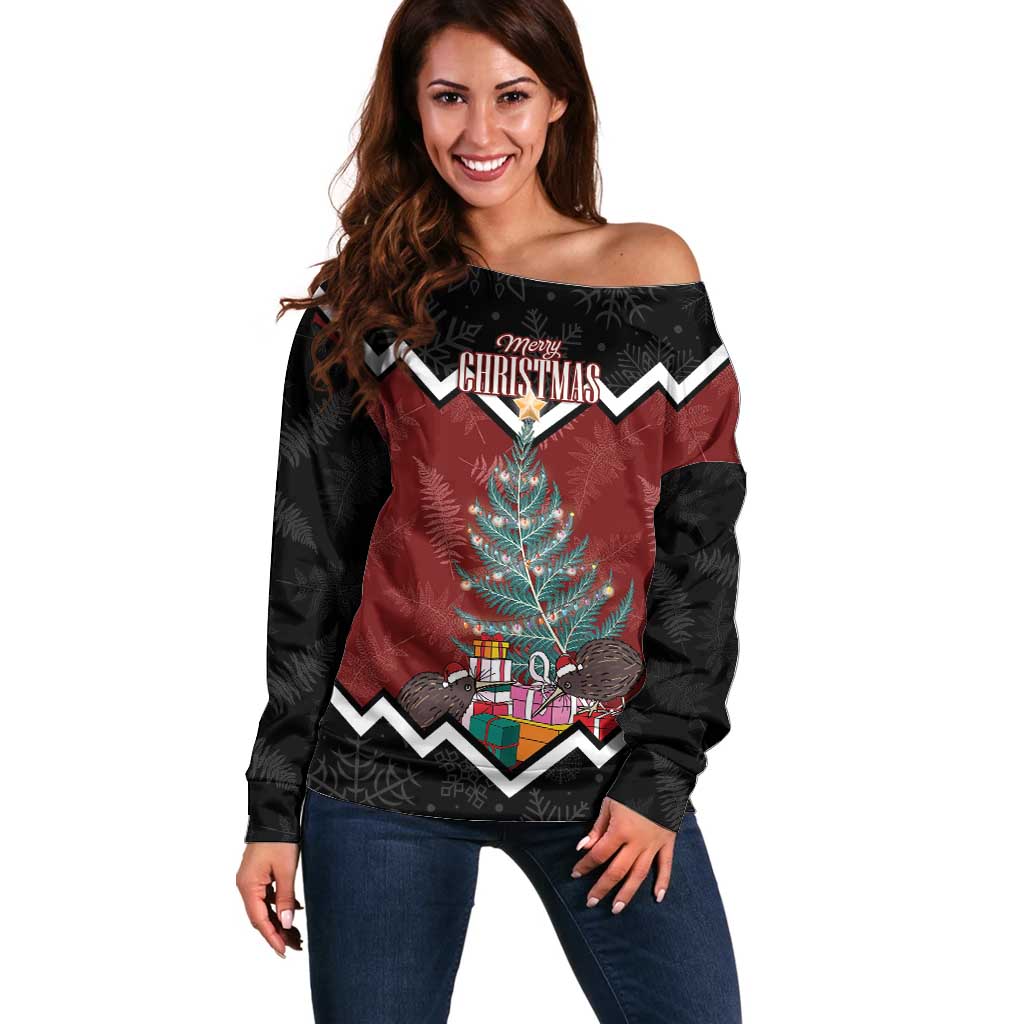 Personalised New Zealand Christmas Off Shoulder Sweater Xmas Fern and Kiwi Birds