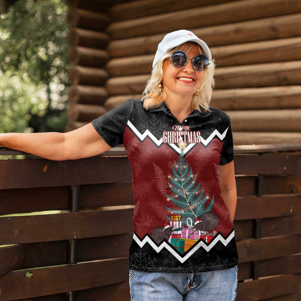 Personalised New Zealand Christmas Women Polo Shirt Xmas Fern and Kiwi Birds