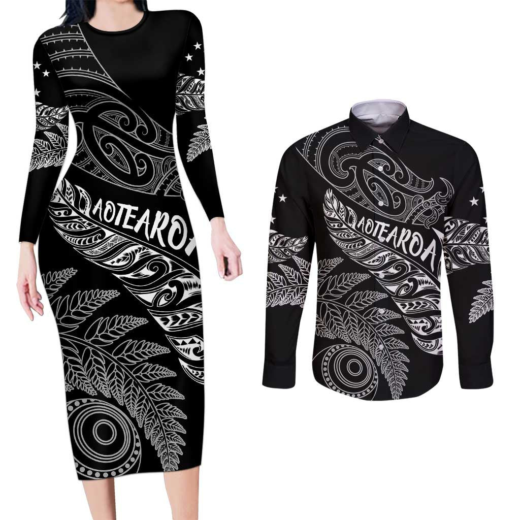 Aotearoa Personalized Lawn Bowls Maori Couples Matching Long Sleeve Bodycon Dress and Long Sleeve Button Shirt New Zealand Black Tribal Silver Fern - Polynesian Pride