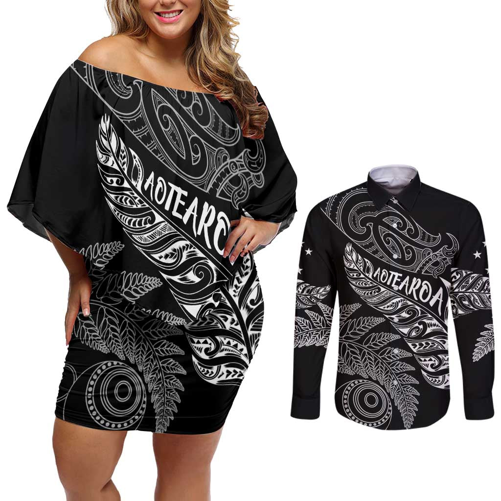 Aotearoa Personalized Lawn Bowls Maori Couples Matching Off Shoulder Short Dress and Long Sleeve Button Shirt New Zealand Black Tribal Silver Fern - Polynesian Pride