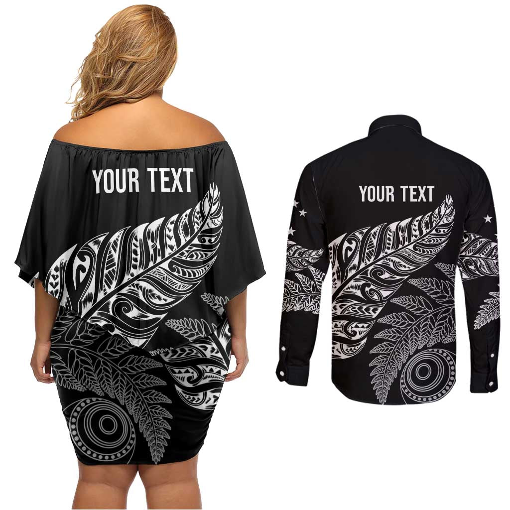 Aotearoa Personalized Lawn Bowls Maori Couples Matching Off Shoulder Short Dress and Long Sleeve Button Shirt New Zealand Black Tribal Silver Fern - Polynesian Pride