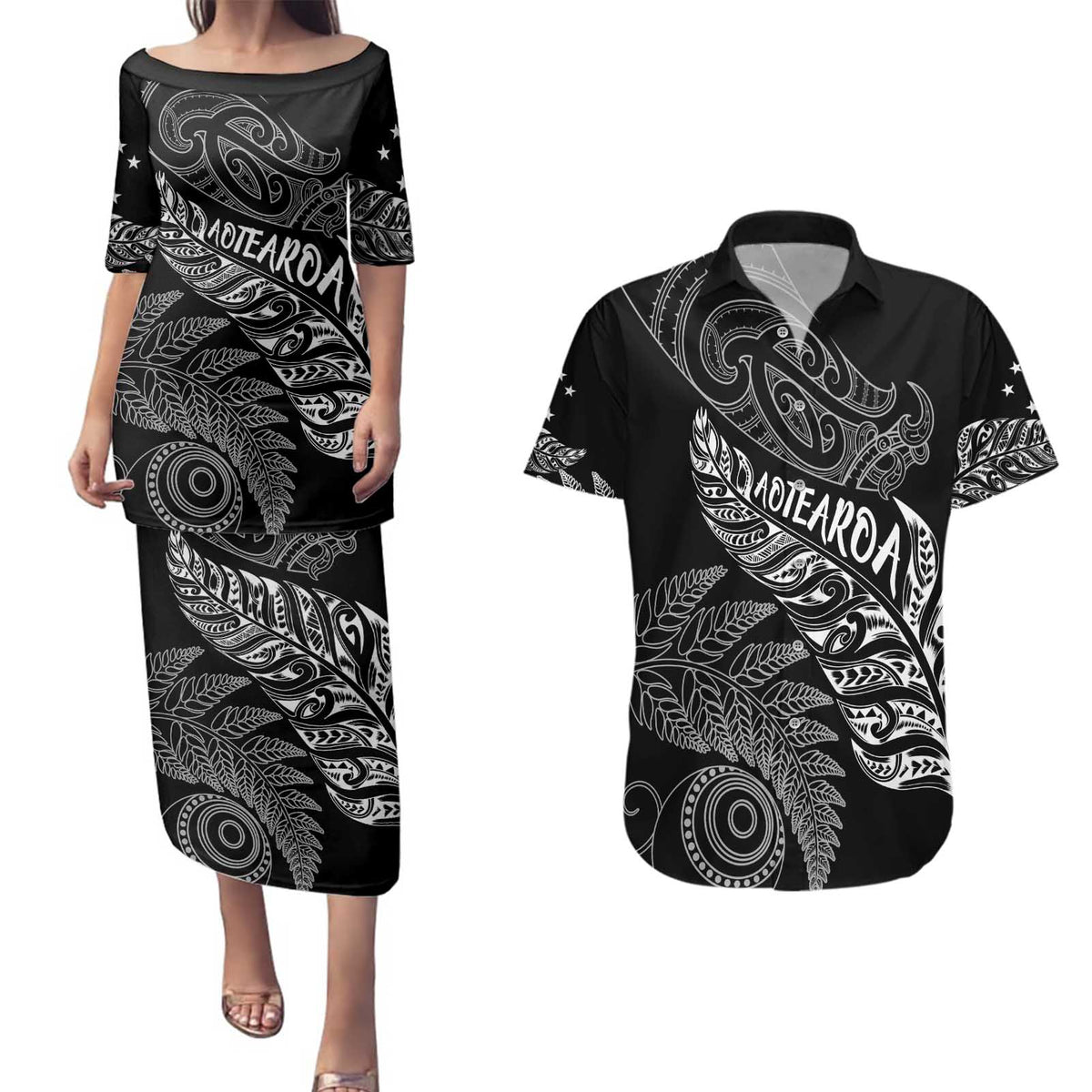Aotearoa Personalized Lawn Bowls Maori Couples Matching Puletasi and Hawaiian Shirt New Zealand Black Tribal Silver Fern - Polynesian Pride