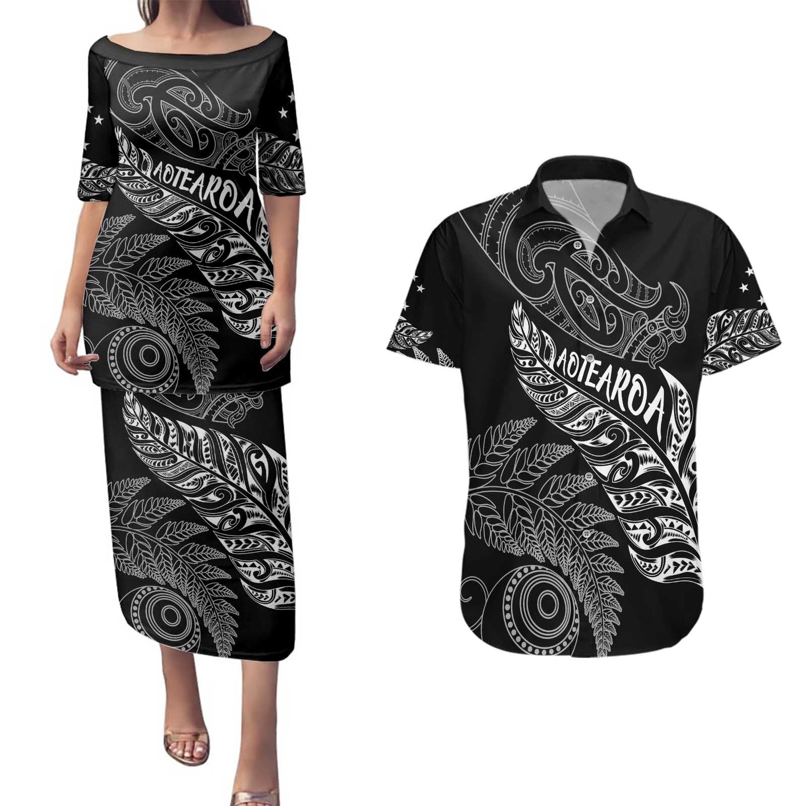 Aotearoa Personalized Lawn Bowls Maori Couples Matching Puletasi and Hawaiian Shirt New Zealand Black Tribal Silver Fern - Polynesian Pride