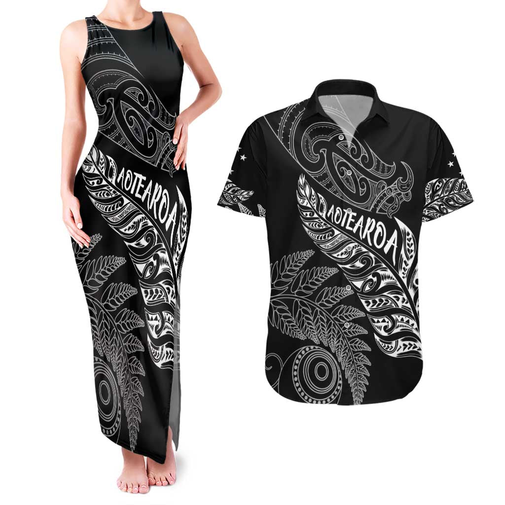Aotearoa Personalized Lawn Bowls Maori Couples Matching Tank Maxi Dress and Hawaiian Shirt New Zealand Black Tribal Silver Fern - Polynesian Pride