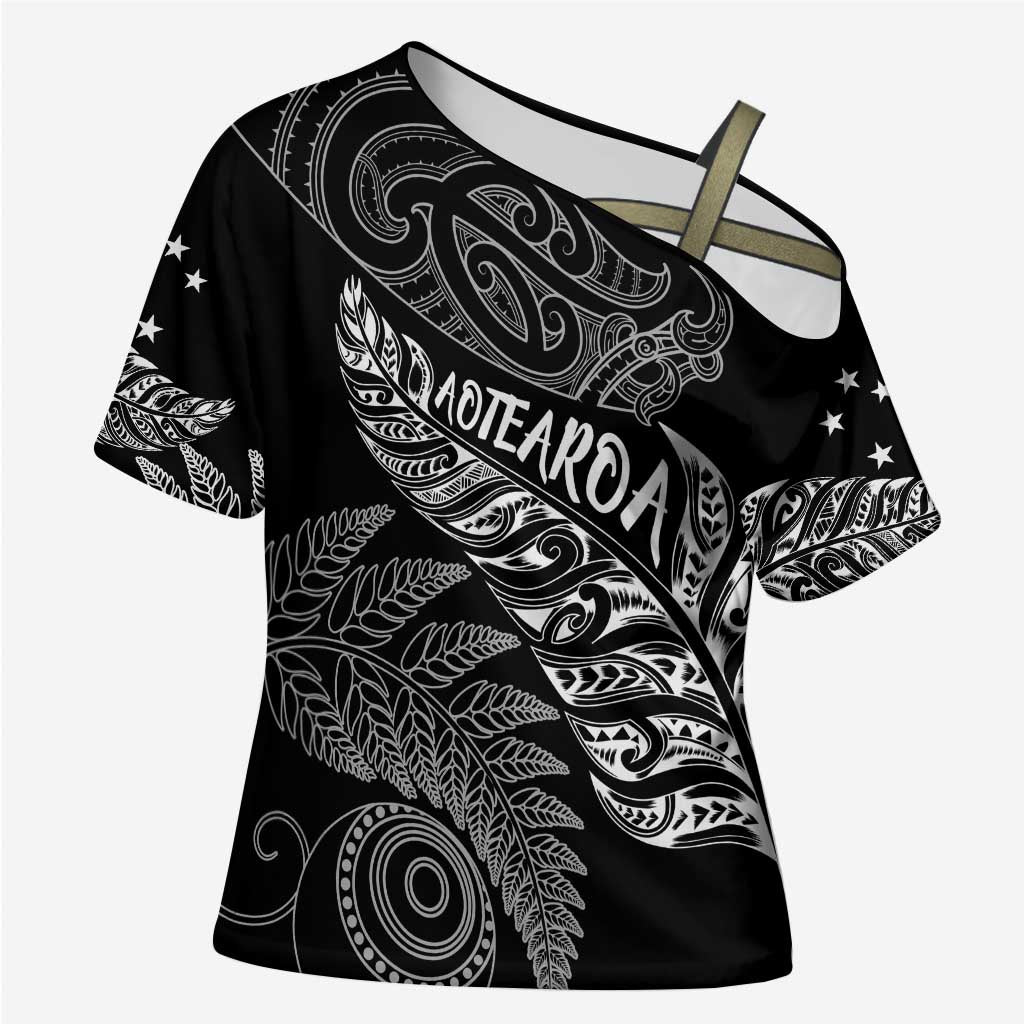 Aotearoa Personalized Lawn Bowls Maori Cross Shoulder Shirt New Zealand Black Tribal Silver Fern - Polynesian Pride