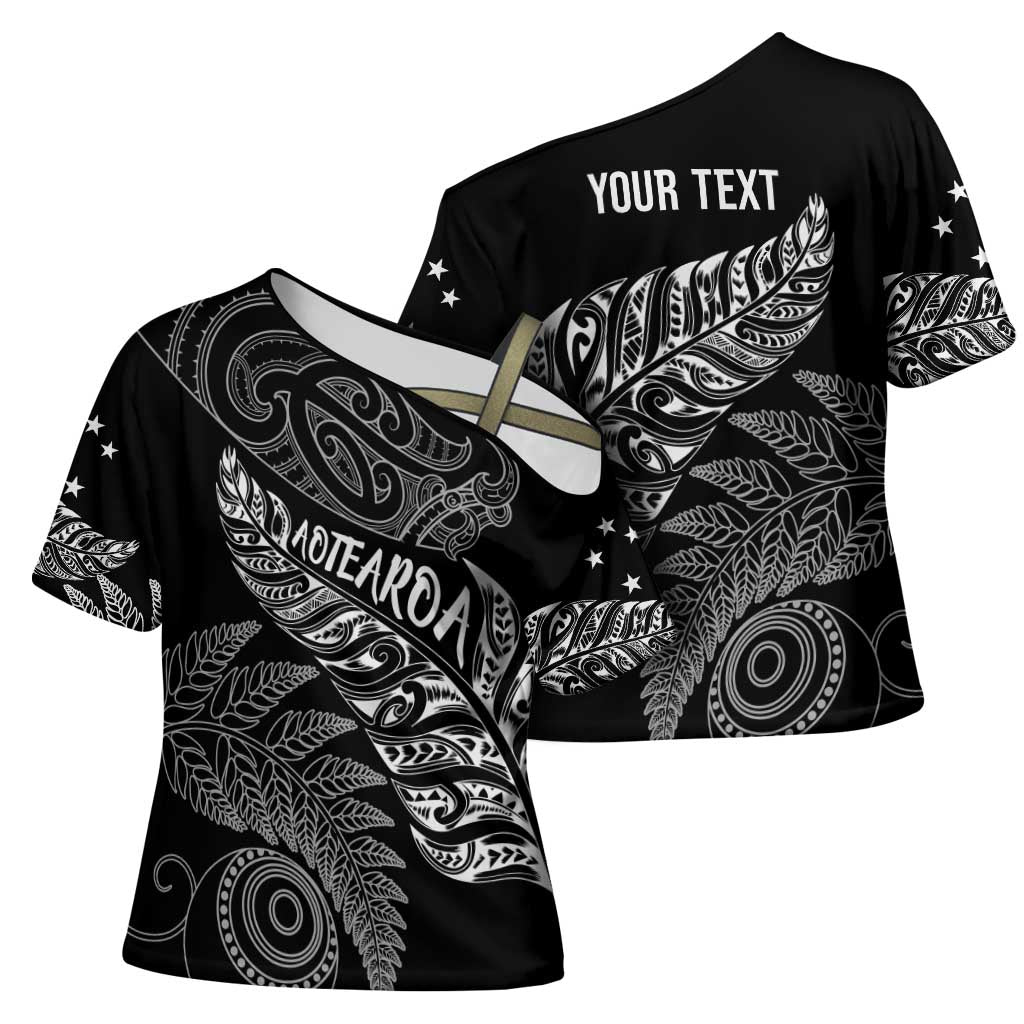 Aotearoa Personalized Lawn Bowls Maori Cross Shoulder Shirt New Zealand Black Tribal Silver Fern - Polynesian Pride