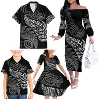 Aotearoa Personalized Lawn Bowls Maori Family Matching Off The Shoulder Long Sleeve Dress and Hawaiian Shirt New Zealand Black Tribal Silver Fern - Polynesian Pride
