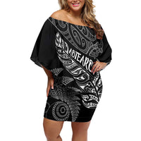 Aotearoa Personalized Lawn Bowls Maori Family Matching Off Shoulder Short Dress and Hawaiian Shirt New Zealand Black Tribal Silver Fern - Polynesian Pride