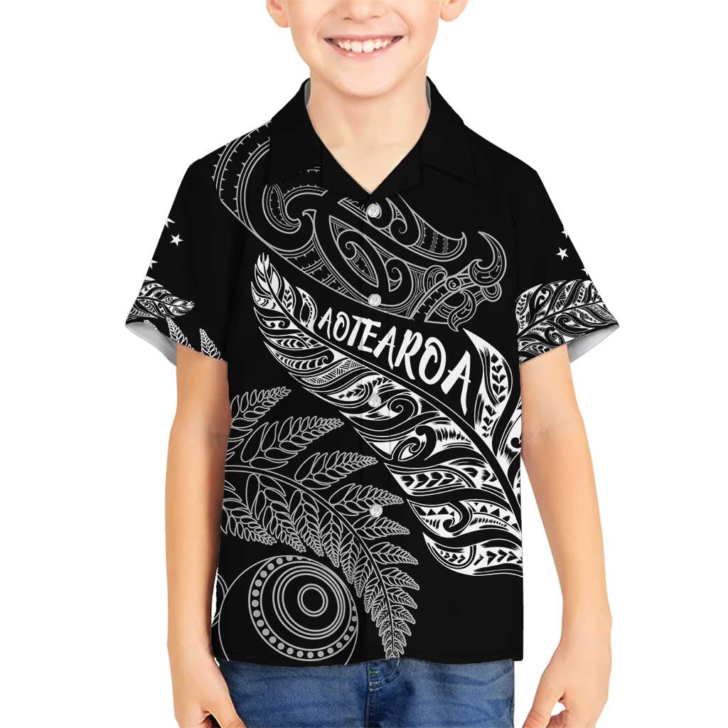 Aotearoa Personalized Lawn Bowls Maori Family Matching Off Shoulder Short Dress and Hawaiian Shirt New Zealand Black Tribal Silver Fern - Polynesian Pride