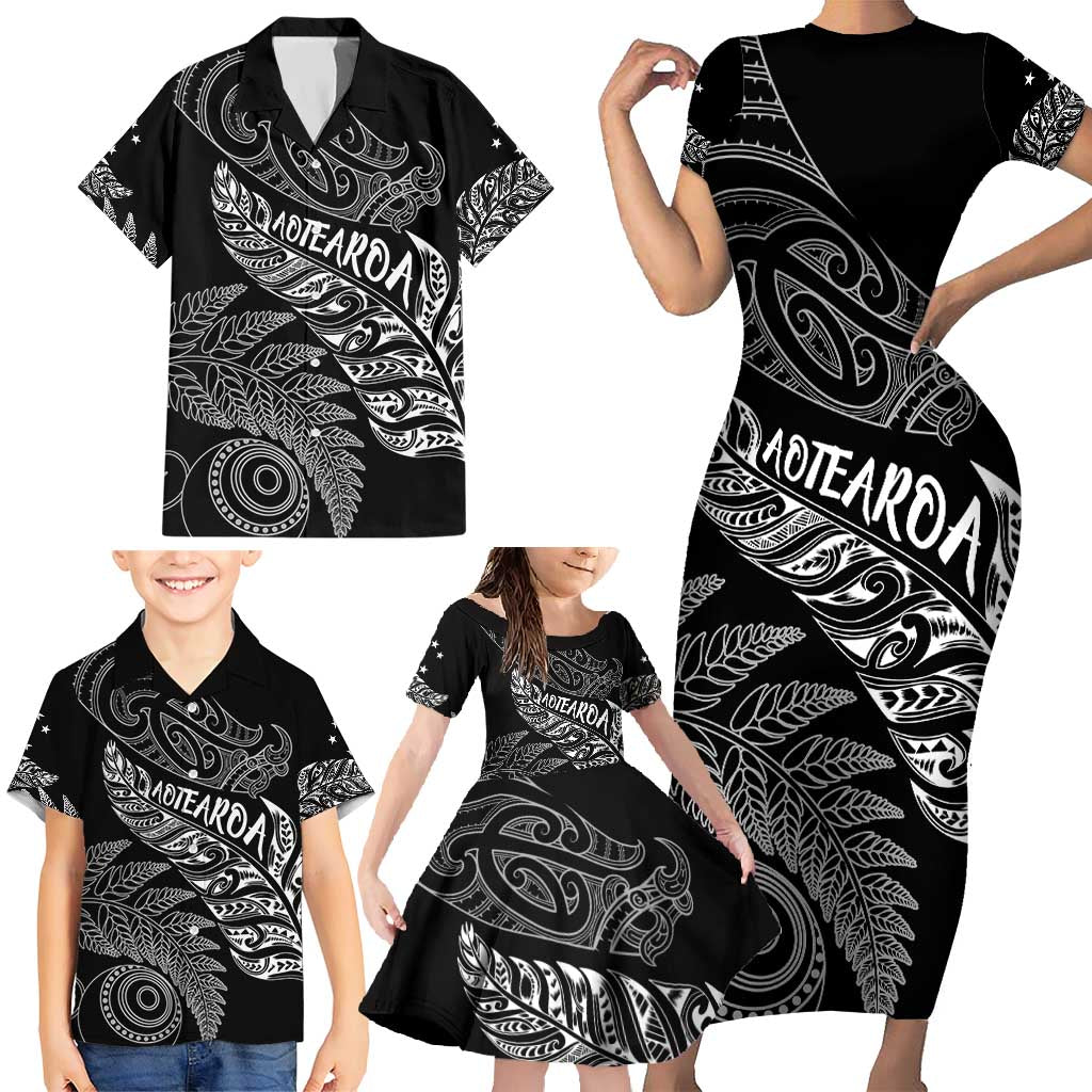 Aotearoa Personalized Lawn Bowls Maori Family Matching Short Sleeve Bodycon Dress and Hawaiian Shirt New Zealand Black Tribal Silver Fern - Polynesian Pride