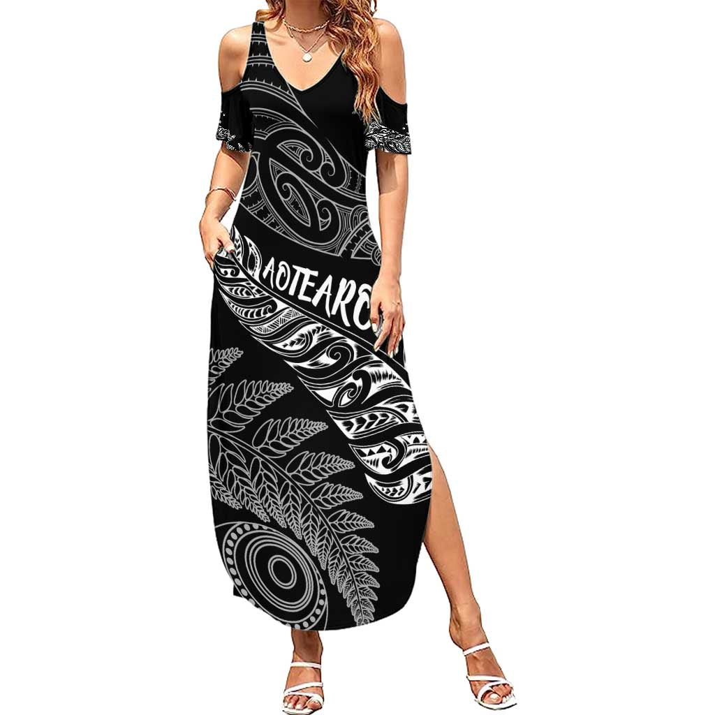 Aotearoa Personalized Lawn Bowls Maori Family Matching Summer Maxi Dress and Hawaiian Shirt New Zealand Black Tribal Silver Fern - Polynesian Pride