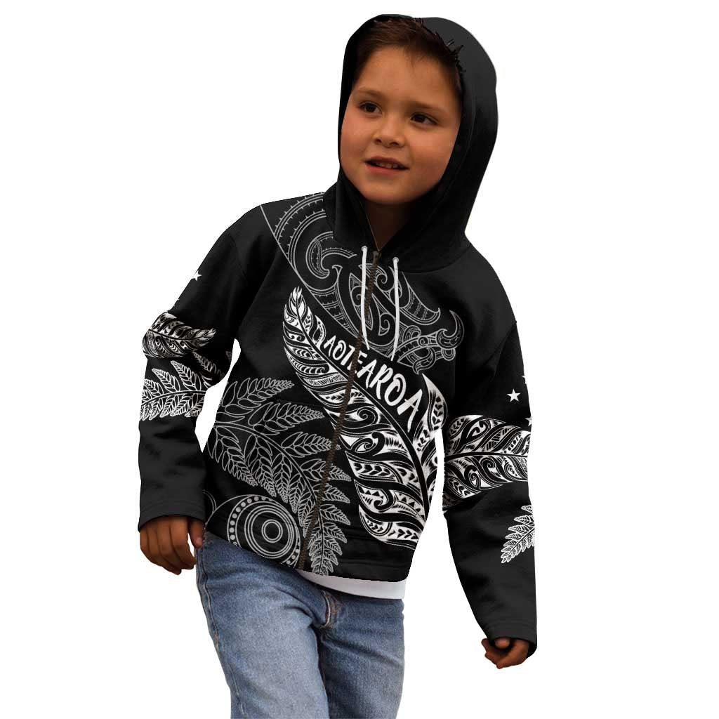 Aotearoa Personalized Lawn Bowls Maori Kid Hoodie New Zealand Black Tribal Silver Fern - Polynesian Pride