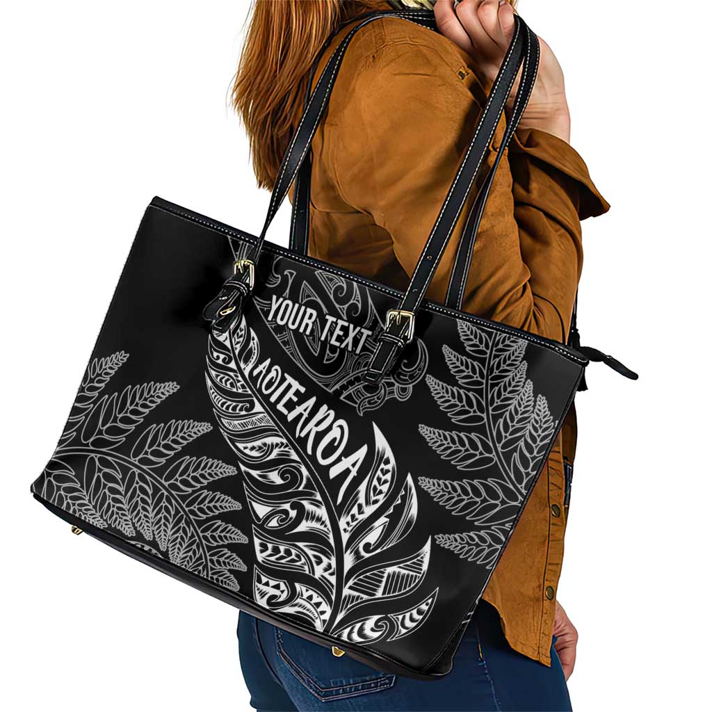 Aotearoa Personalized Lawn Bowls Maori Leather Tote Bag New Zealand Black Tribal Silver Fern - Polynesian Pride