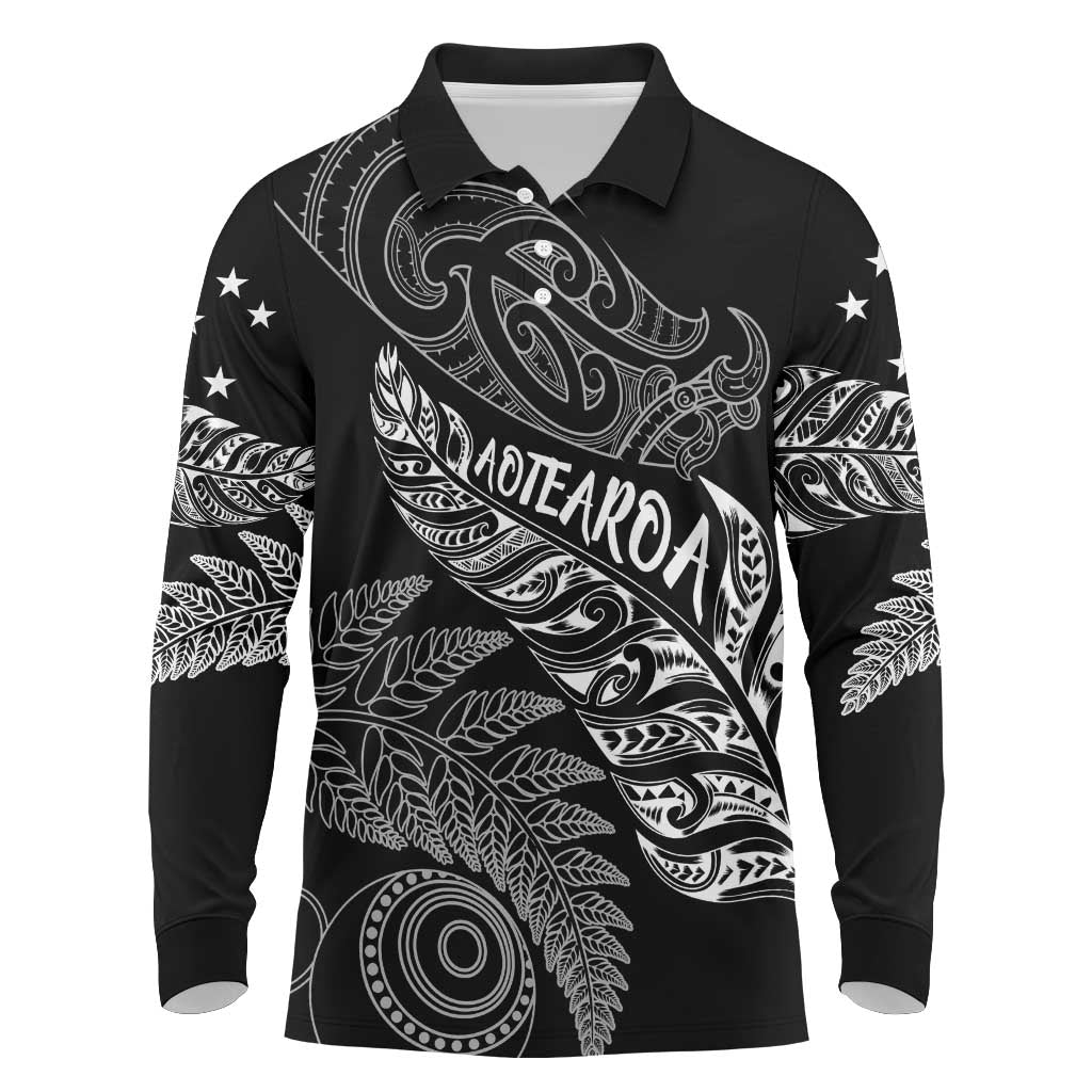Aotearoa Personalized Lawn Bowls Maori Long Sleeve Polo Shirt New Zealand Black Tribal Silver Fern - Polynesian Pride