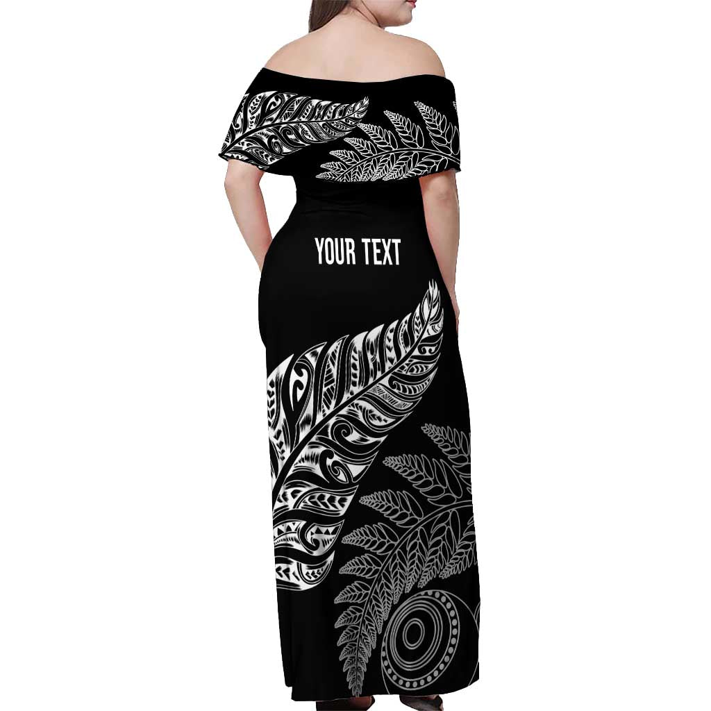 Aotearoa Personalized Lawn Bowls Maori Off Shoulder Maxi Dress New Zealand Black Tribal Silver Fern - Polynesian Pride