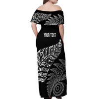 Aotearoa Personalized Lawn Bowls Maori Off Shoulder Maxi Dress New Zealand Black Tribal Silver Fern - Polynesian Pride