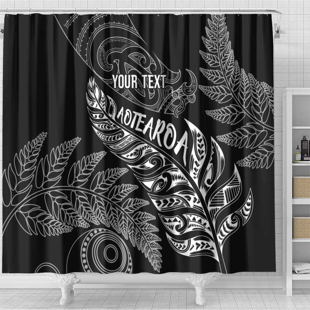 Aotearoa Personalized Lawn Bowls Maori Shower Curtain New Zealand Black Tribal Silver Fern - Polynesian Pride