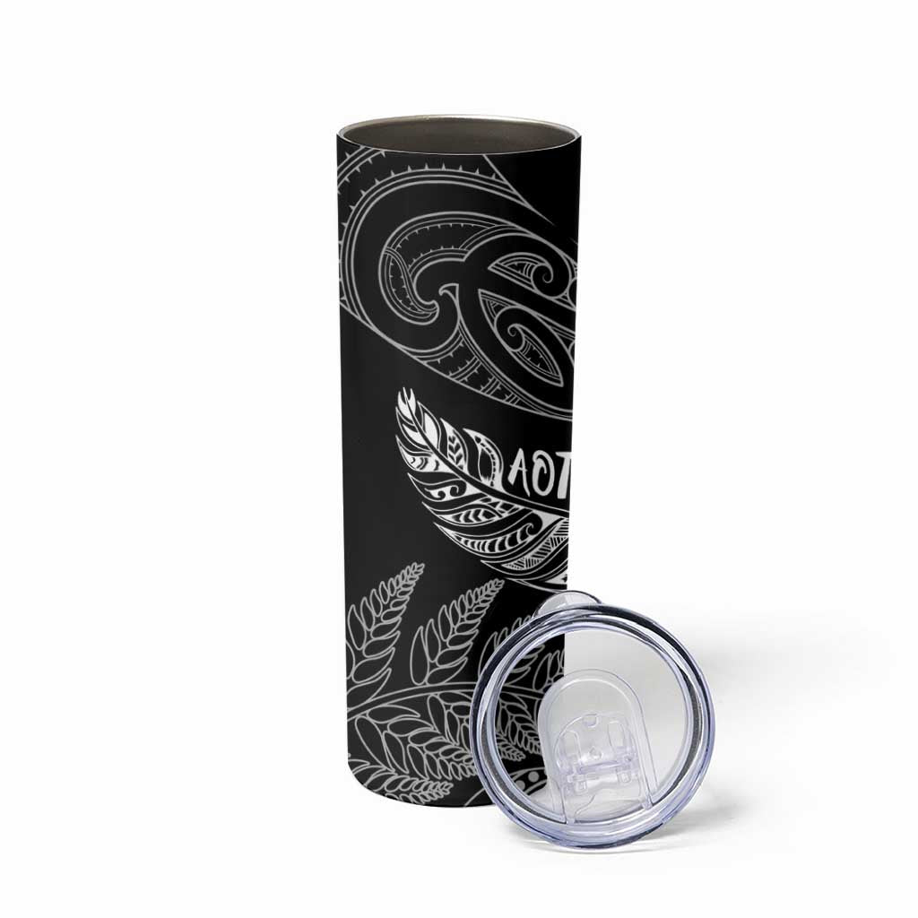 Aotearoa Personalized Lawn Bowls Maori Skinny Tumbler New Zealand Black Tribal Silver Fern - Polynesian Pride