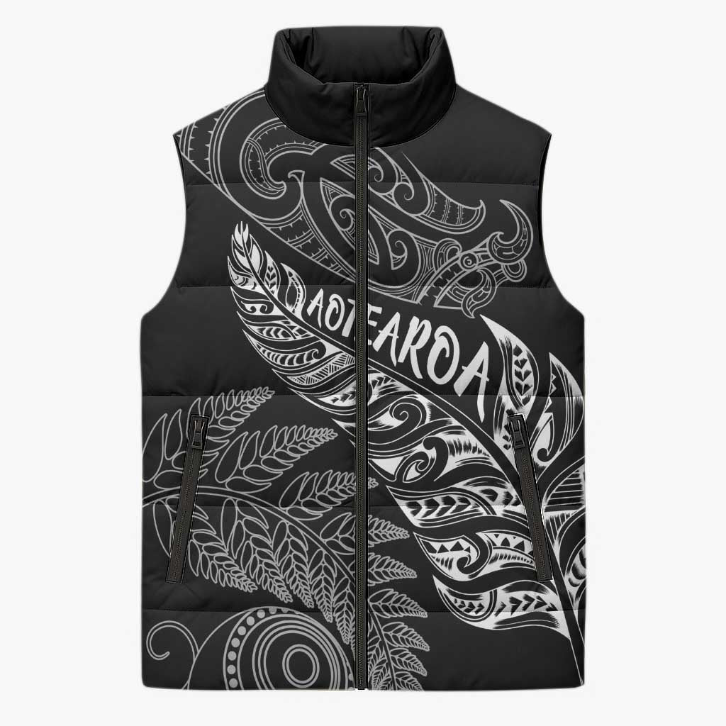 Aotearoa Personalized Lawn Bowls Maori Sleeveless Puffer Jacket New Zealand Black Tribal Silver Fern - Polynesian Pride