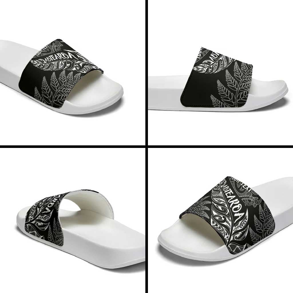Aotearoa Personalized Lawn Bowls Maori Slide Sandals New Zealand Black Tribal Silver Fern - Polynesian Pride