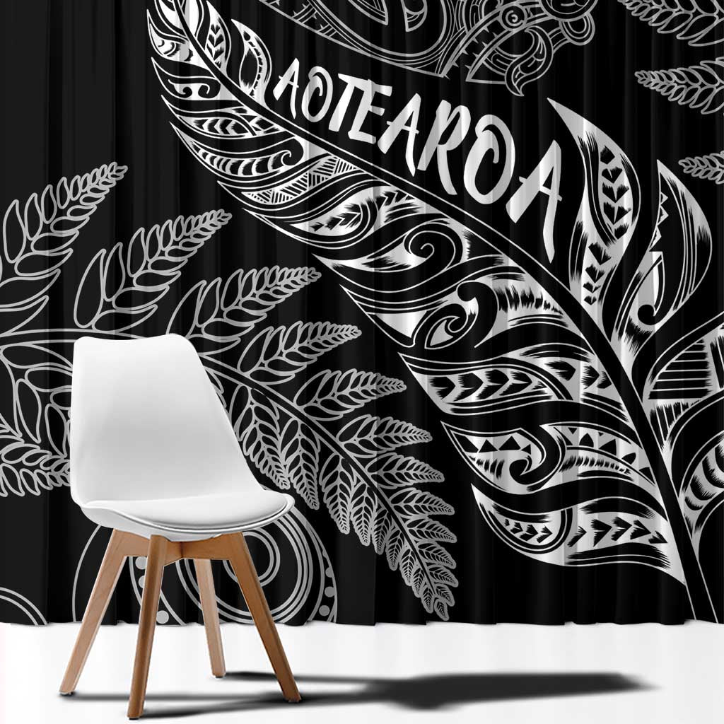 Aotearoa Personalized Lawn Bowls Maori Window Curtain New Zealand Black Tribal Silver Fern - Polynesian Pride
